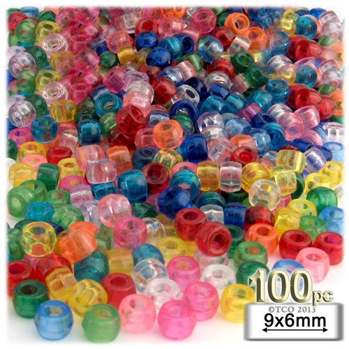 Plastic Beads, Pony Transparent, 6x9mm, 100-pc, Multi Mix