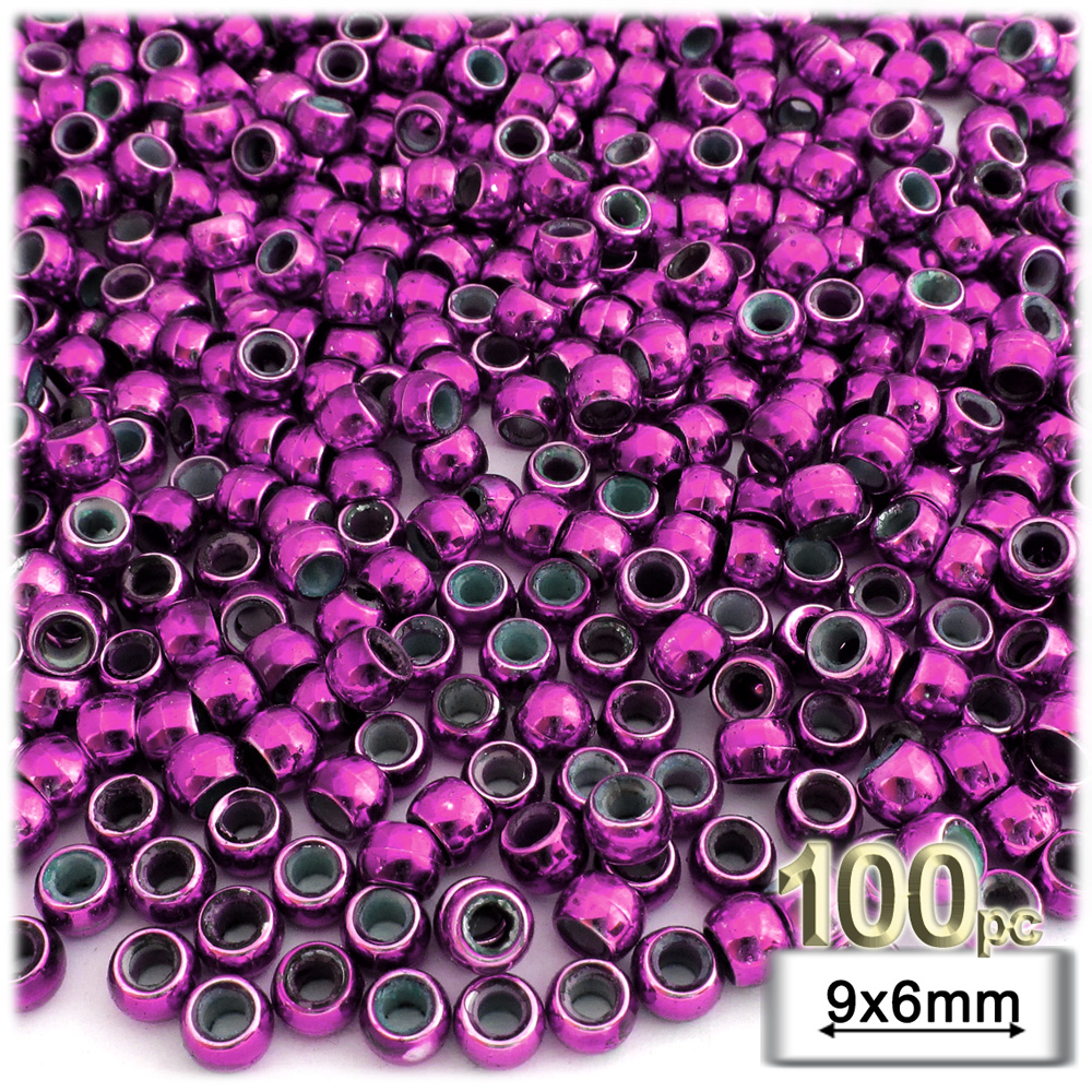 Plastic Beads, Pony Opaque, 6x9mm, 100-pc, Fuchsia beads
