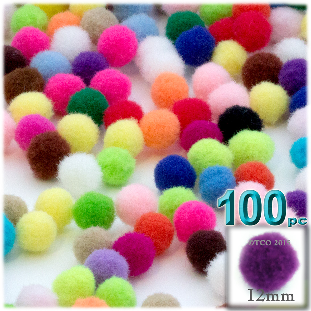 Acrylic Pom Poms, solid Color, 0.5-inch (12mm), 100-pc, Multi Mix