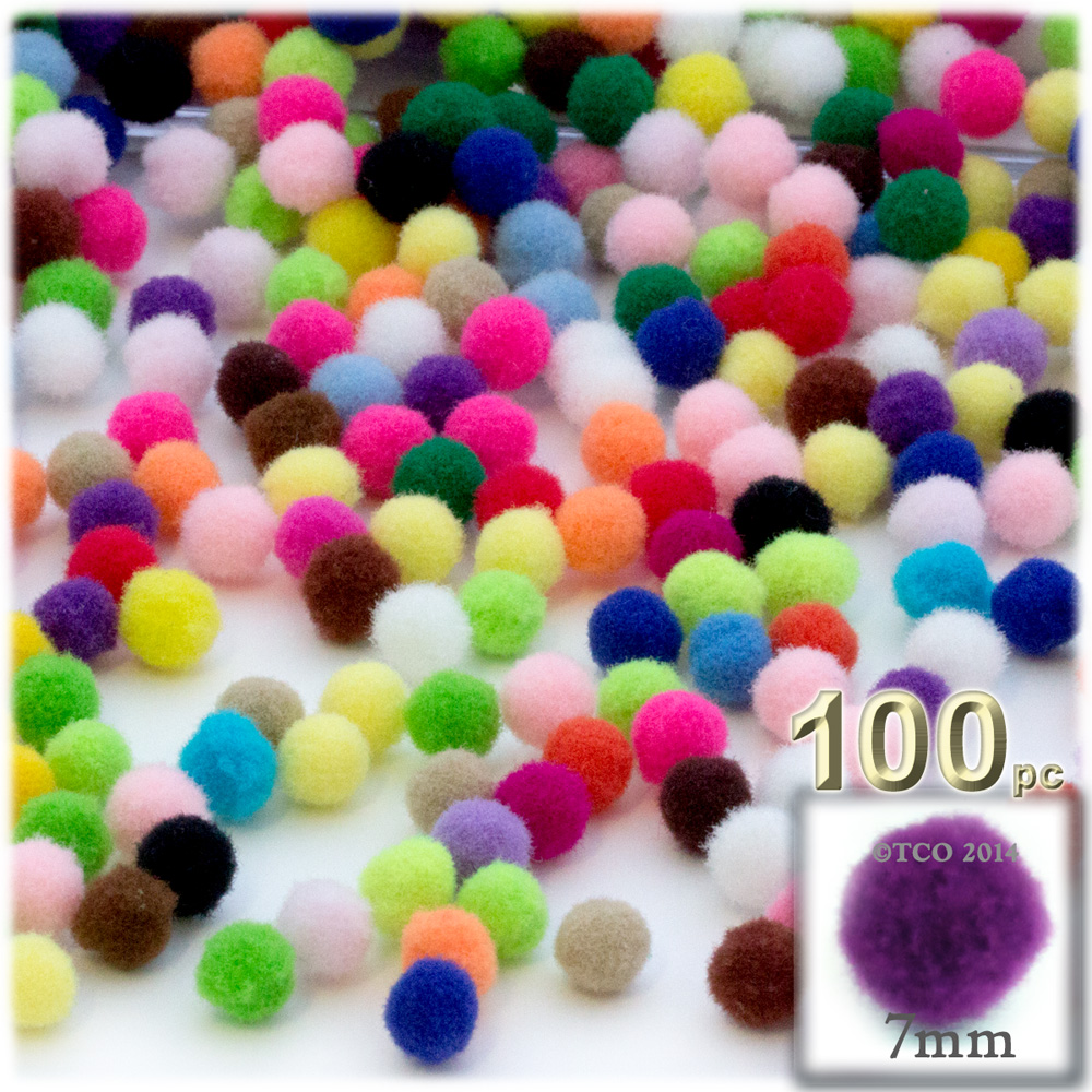 Acrylic Pom Poms, solid Color, 1.0-inch (7mm), 100-pc, Multi Mix