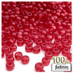 Plastic Beads, Pony Transparent, 6x9mm, 100-pc, Christmas Red