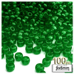 Plastic Beads, Pony Transparent, 6x9mm, 100-pc, Emerald green