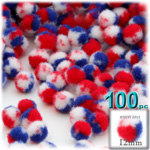 Pom Poms, Tri-Color, 0.5-inch (12mm), 100-pc, Red White and Blue