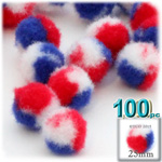 Pom Poms, Tri-Color, 1.0-inch (25mm), 100-pc, Red White and Blue Pom Poms, Tri-Color, 1.0-inch (25mm), 100-pc, Red White and Blue