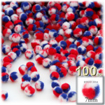 Pom Poms, Tri-Color, 1.0-inch (7mm), 100-pc, Red White and Blue